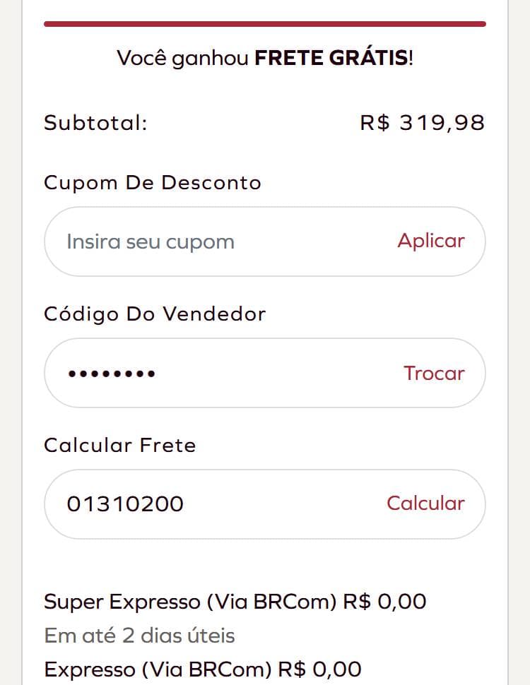 O código aplicado no campo "Código do vendedor" do carrinho da CaCay, com o frete grátis liberado. O código aparece quando você clica em "Revelar cupom".