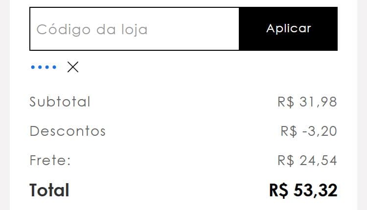 O código aplicado no campo "Código da loja" do carrinho da Zinzane, com o desconto no resumo. O código aparece quando você clica em "Revelar cupom".
